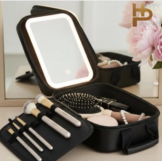 Kosmetinė su LED apšvietimo veidrodėliu ir šepetėliais, juoda